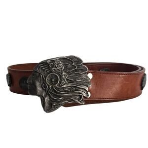 Another Line Inc Brown Leather Belt Indian Head Buckle Studs